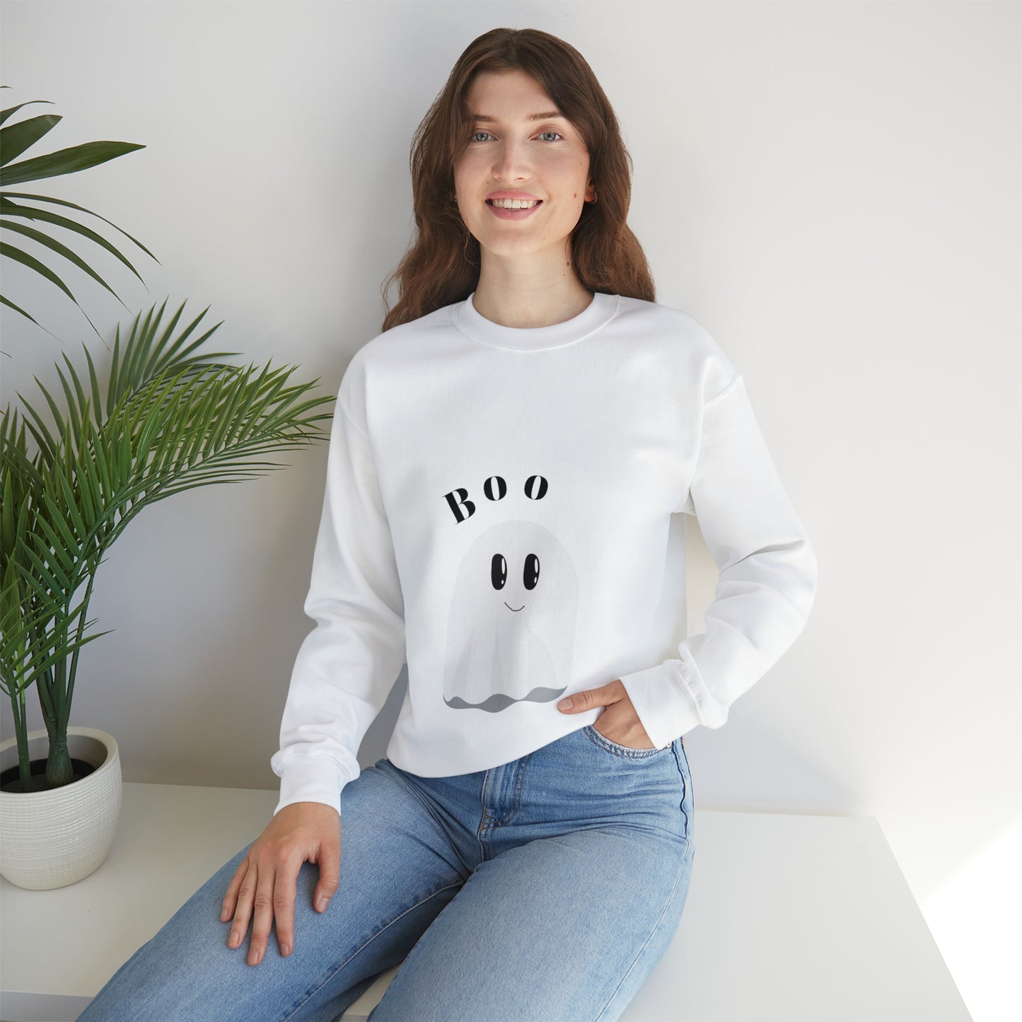 Mom's Heavy Blend™ Crewneck Halloween Sweatshirt with caption "Boo"!