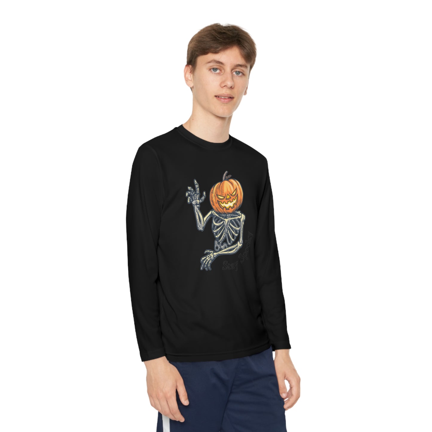 Halloween Long Sleeve Competitor Tee with Pumpkin faced skeleton