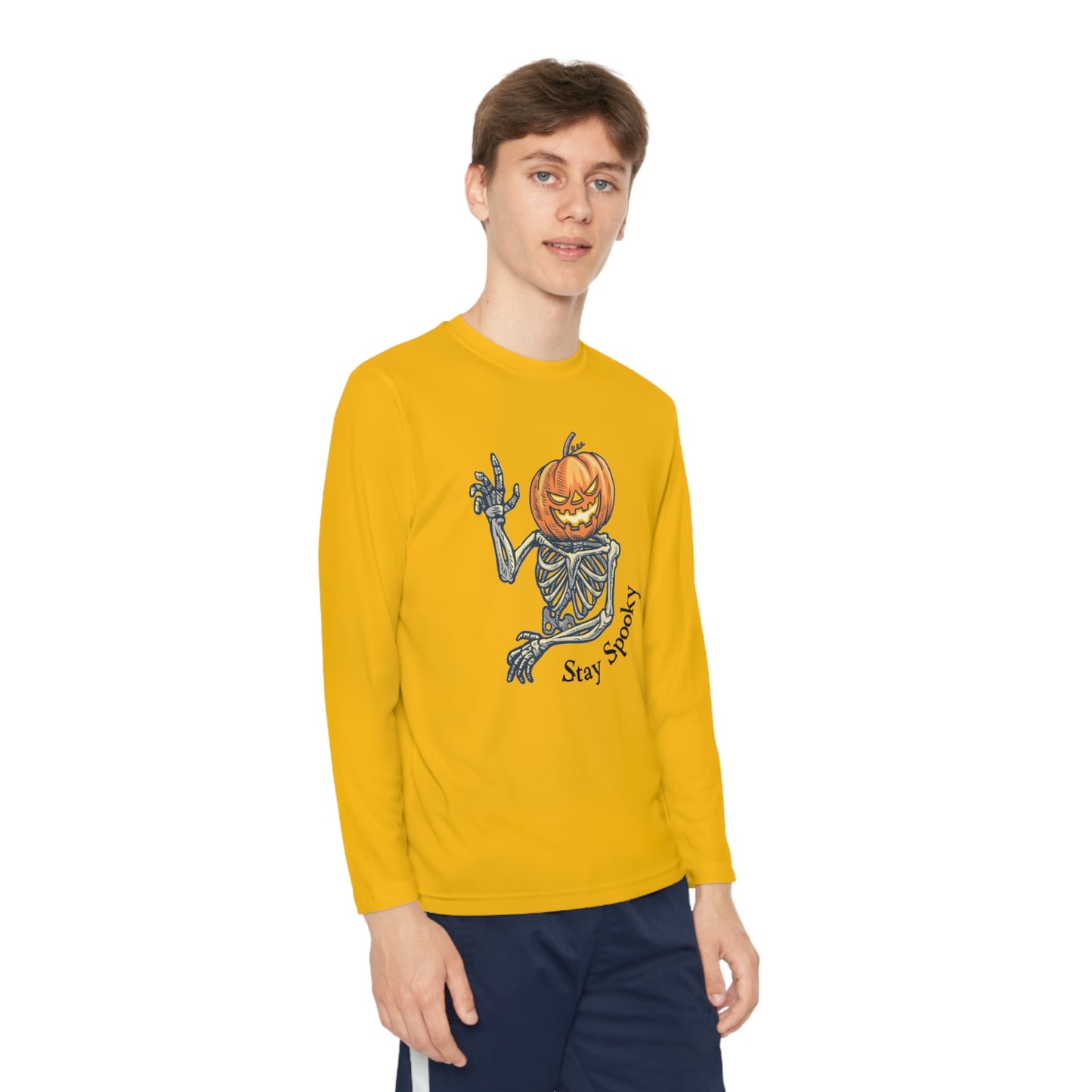 Halloween Long Sleeve Competitor Tee with Pumpkin faced skeleton