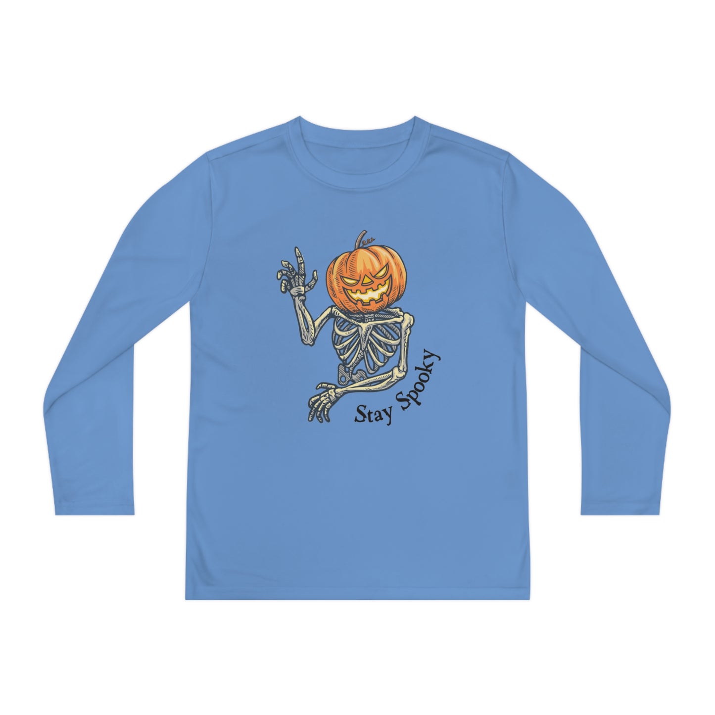 Halloween Long Sleeve Competitor Tee with Pumpkin faced skeleton