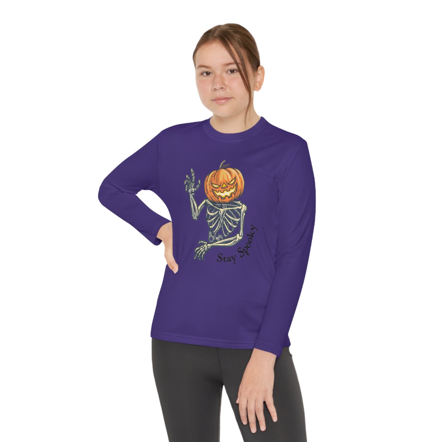 Halloween Long Sleeve Competitor Tee with Pumpkin faced skeleton