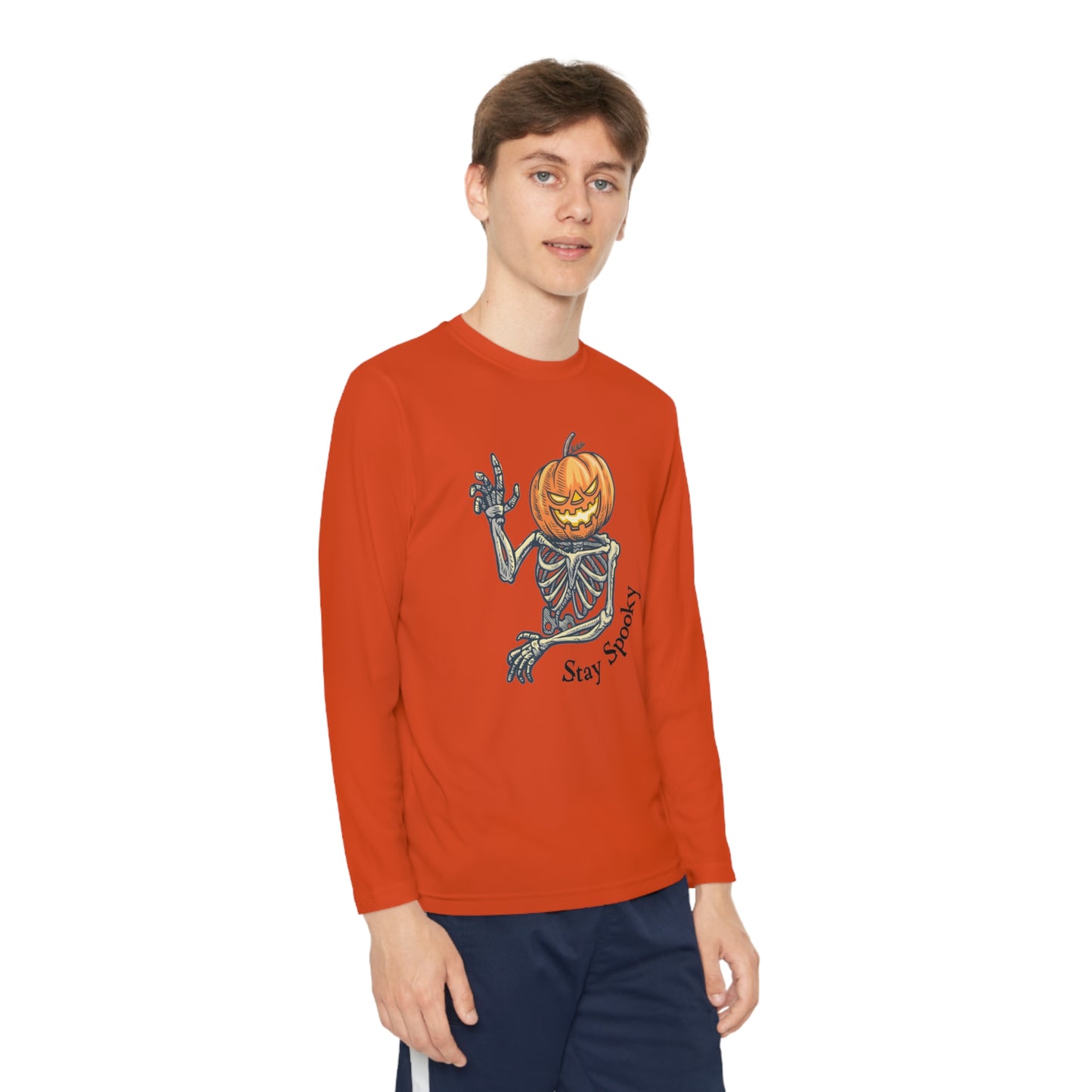 Halloween Long Sleeve Competitor Tee with Pumpkin faced skeleton