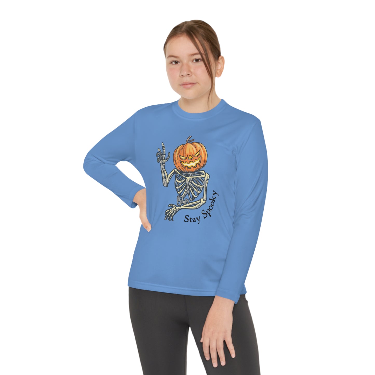 Halloween Long Sleeve Competitor Tee with Pumpkin faced skeleton