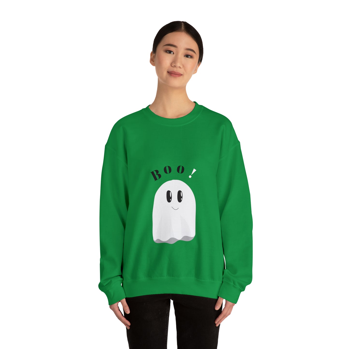 Mom's Heavy Blend™ Crewneck Halloween Sweatshirt with caption "Boo"!