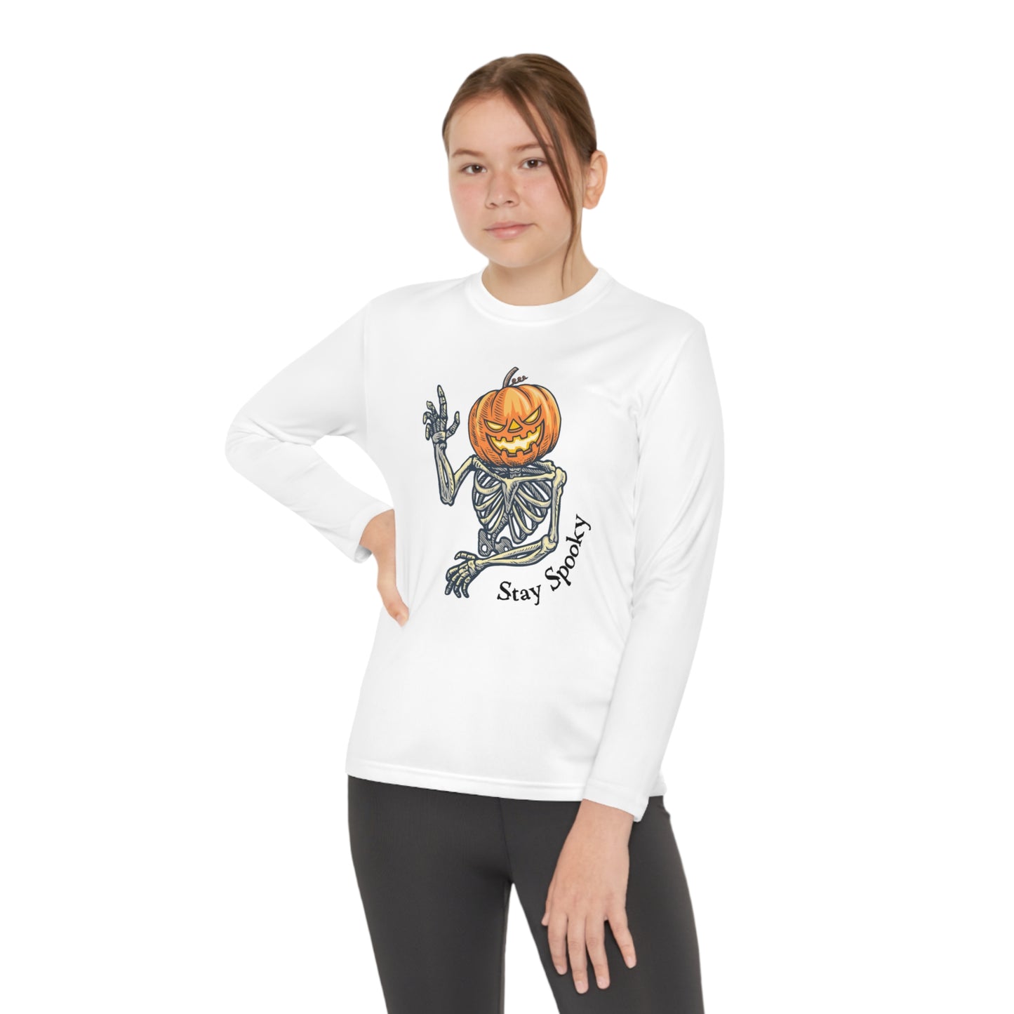 Halloween Long Sleeve Competitor Tee with Pumpkin faced skeleton