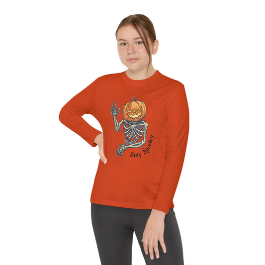 Halloween Long Sleeve Competitor Tee with Pumpkin faced skeleton