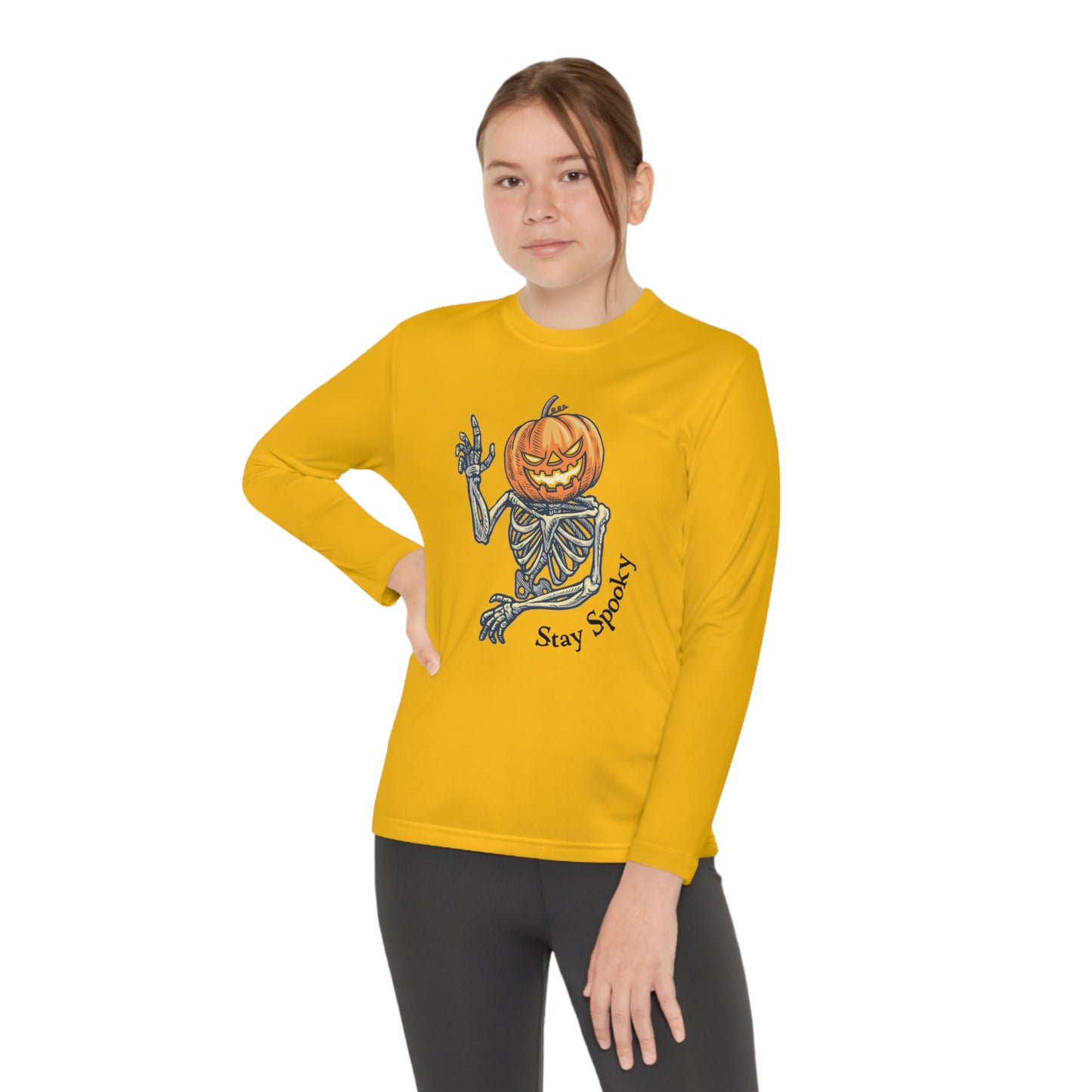 Halloween Long Sleeve Competitor Tee with Pumpkin faced skeleton