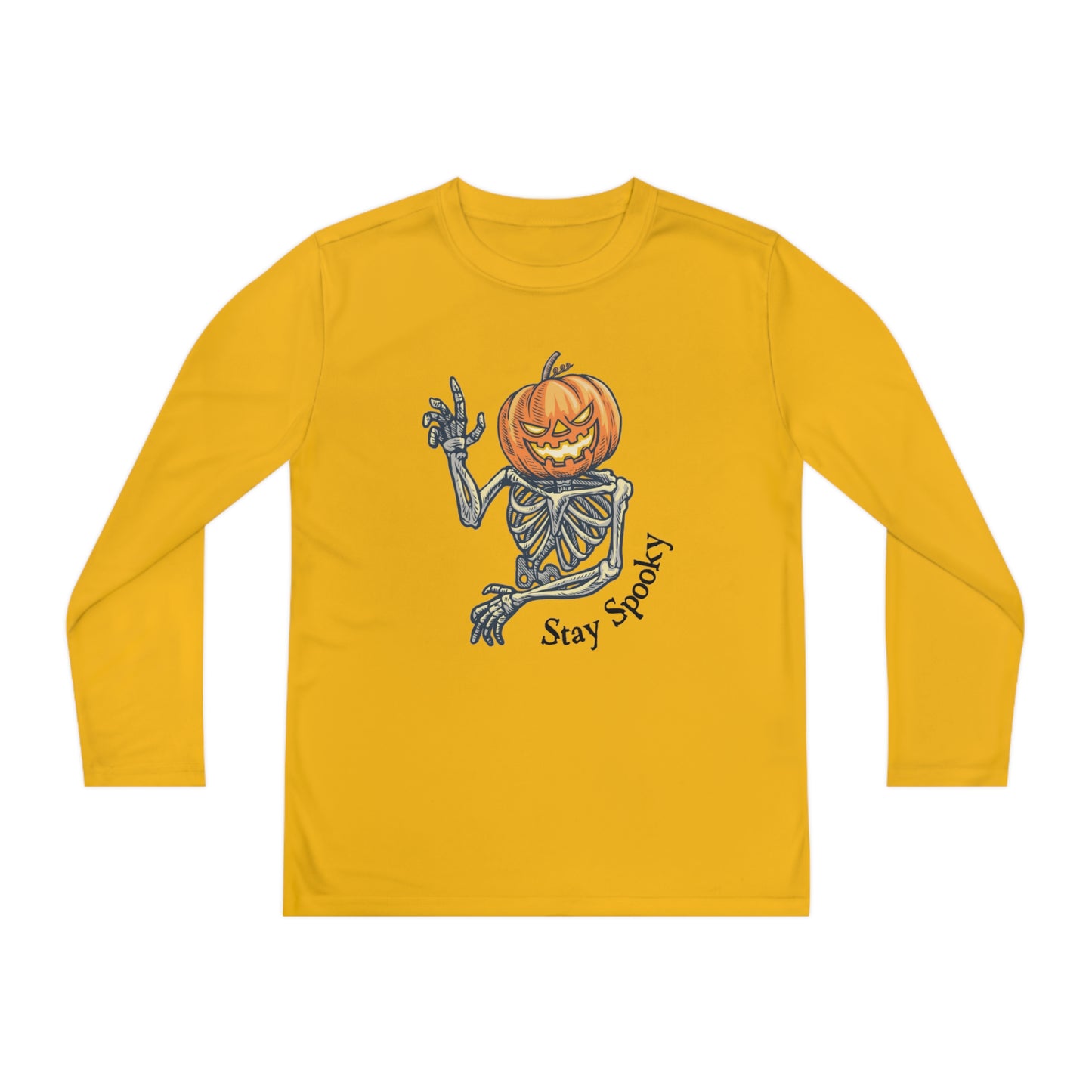 Halloween Long Sleeve Competitor Tee with Pumpkin faced skeleton