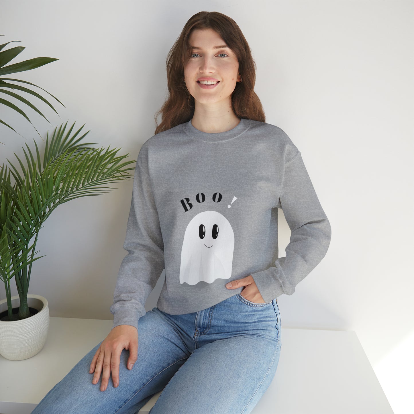 Mom's Heavy Blend™ Crewneck Halloween Sweatshirt with caption "Boo"!