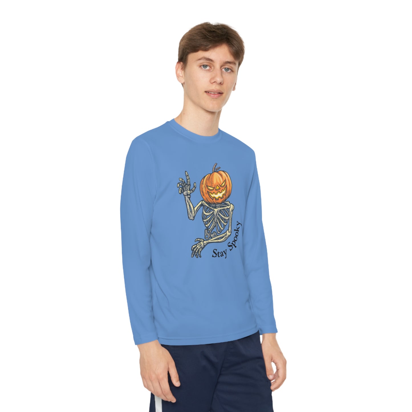 Halloween Long Sleeve Competitor Tee with Pumpkin faced skeleton