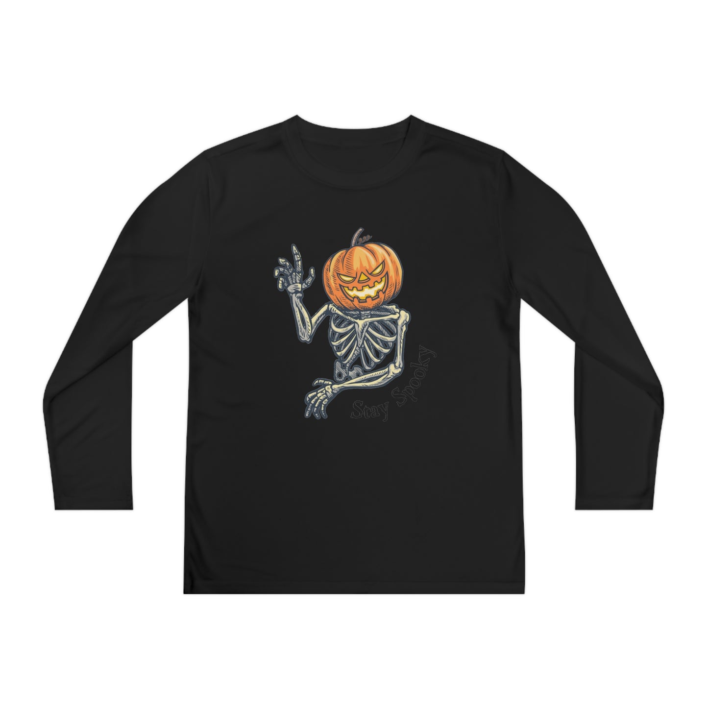 Halloween Long Sleeve Competitor Tee with Pumpkin faced skeleton