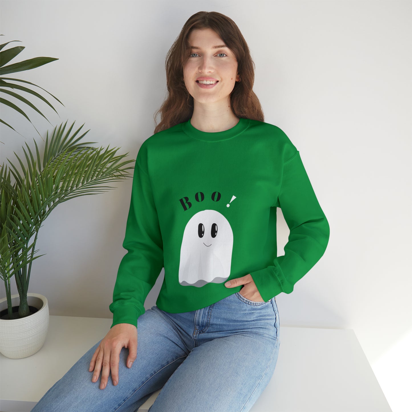 Mom's Heavy Blend™ Crewneck Halloween Sweatshirt with caption "Boo"!